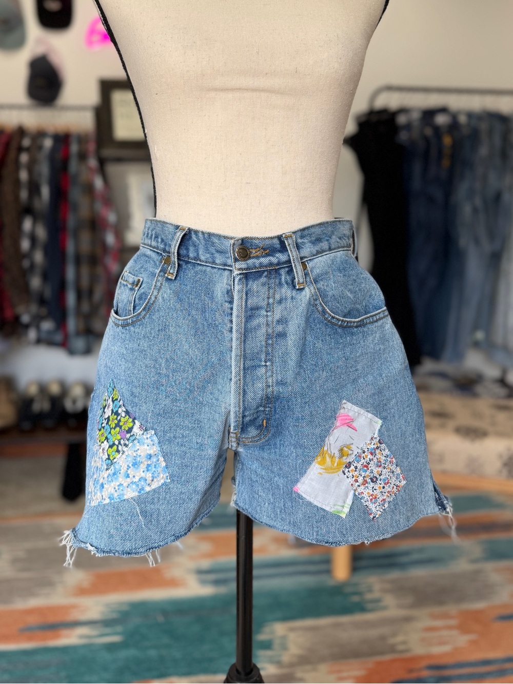 Vintage Reworked Button Front Patchwork Denim Shorts